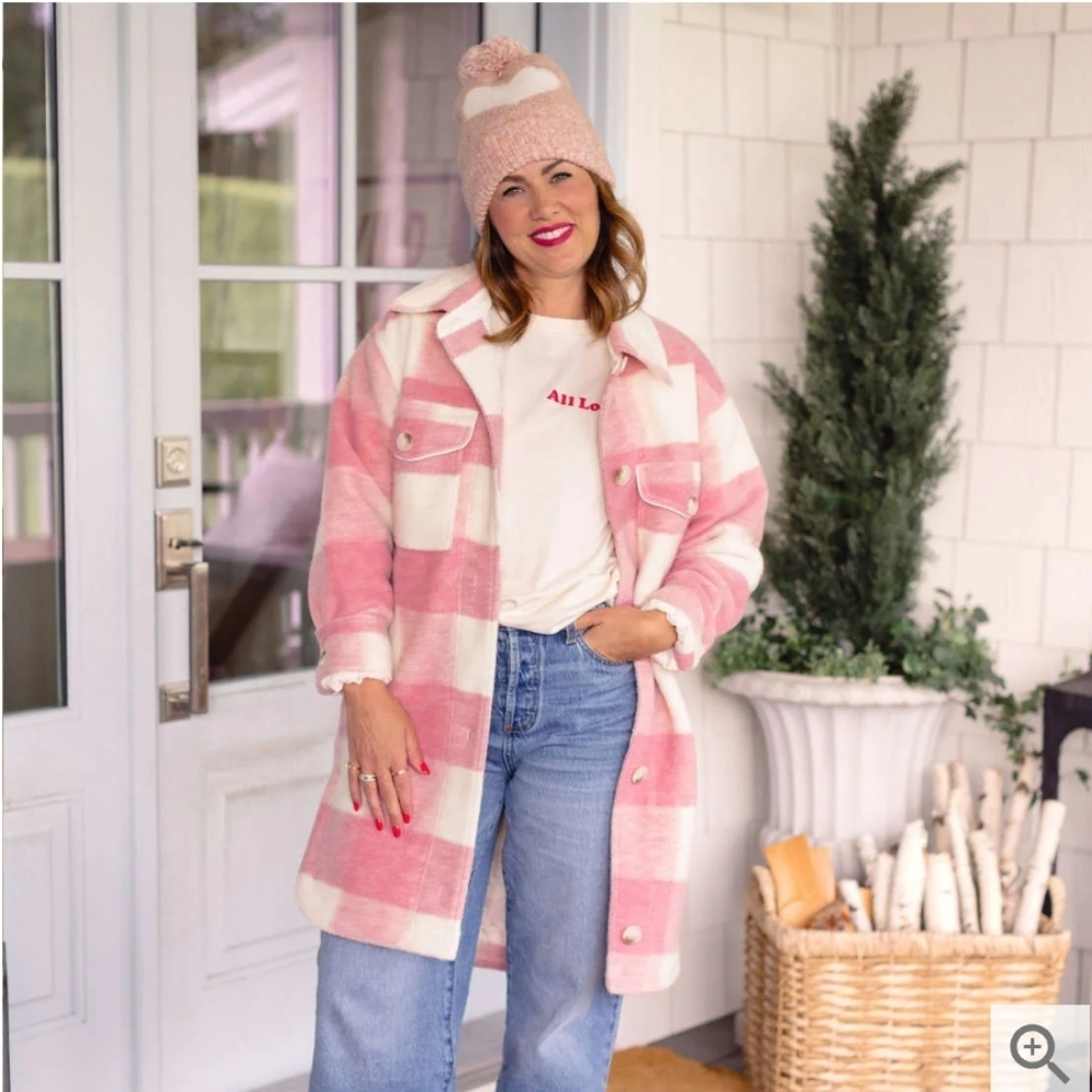 Joe Fresh Pink and White Plaid Shacket Coat